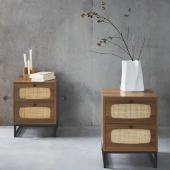Mesitas de noche de madera y caña, set de 2