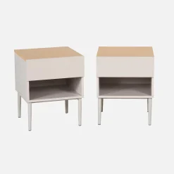Mesitas de noche de metal y decoración de madera,1 puerta, 1 nicho, set de 2