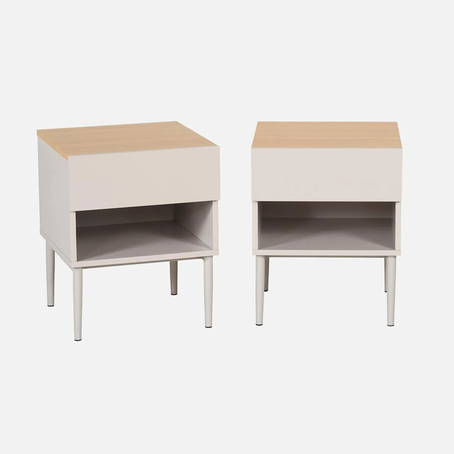 Mesitas de noche de metal y decoración de madera,1 puerta, 1 nicho, set de 2