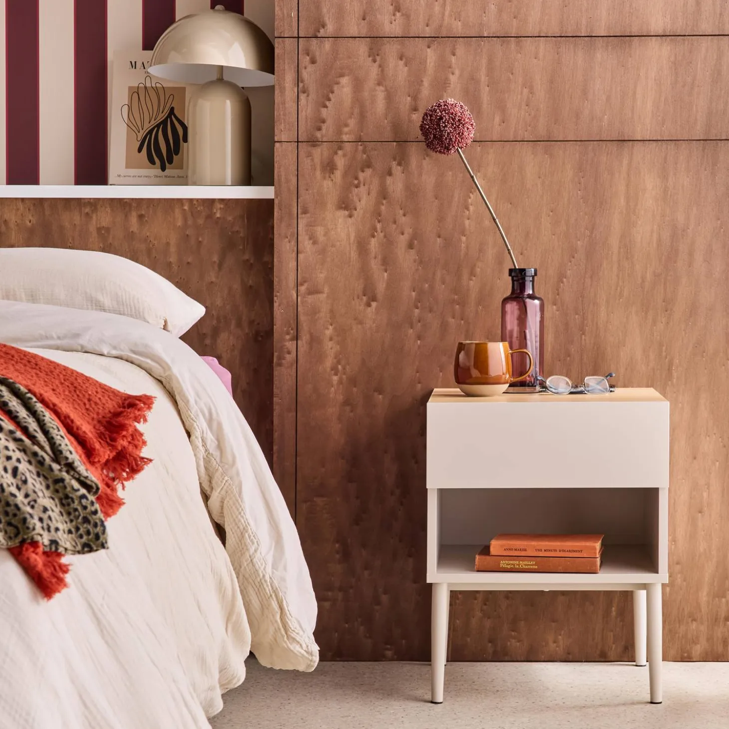 Mesitas de noche de metal y decoración de madera,1 puerta, 1 nicho, set de 2