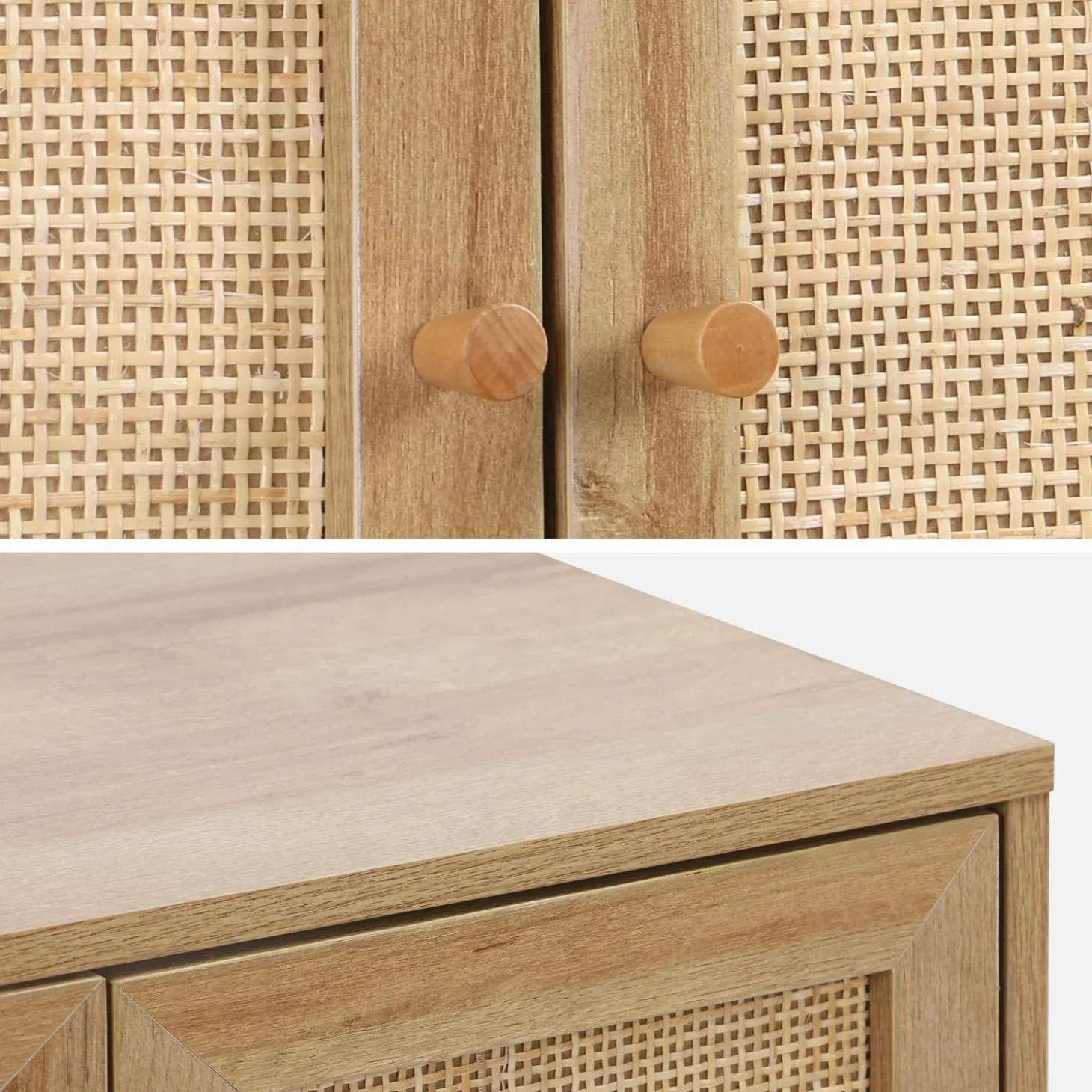 Mueble bajo lavabo decorado en madera y caña