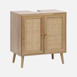 Mueble bajo lavabo decorado en madera y caña