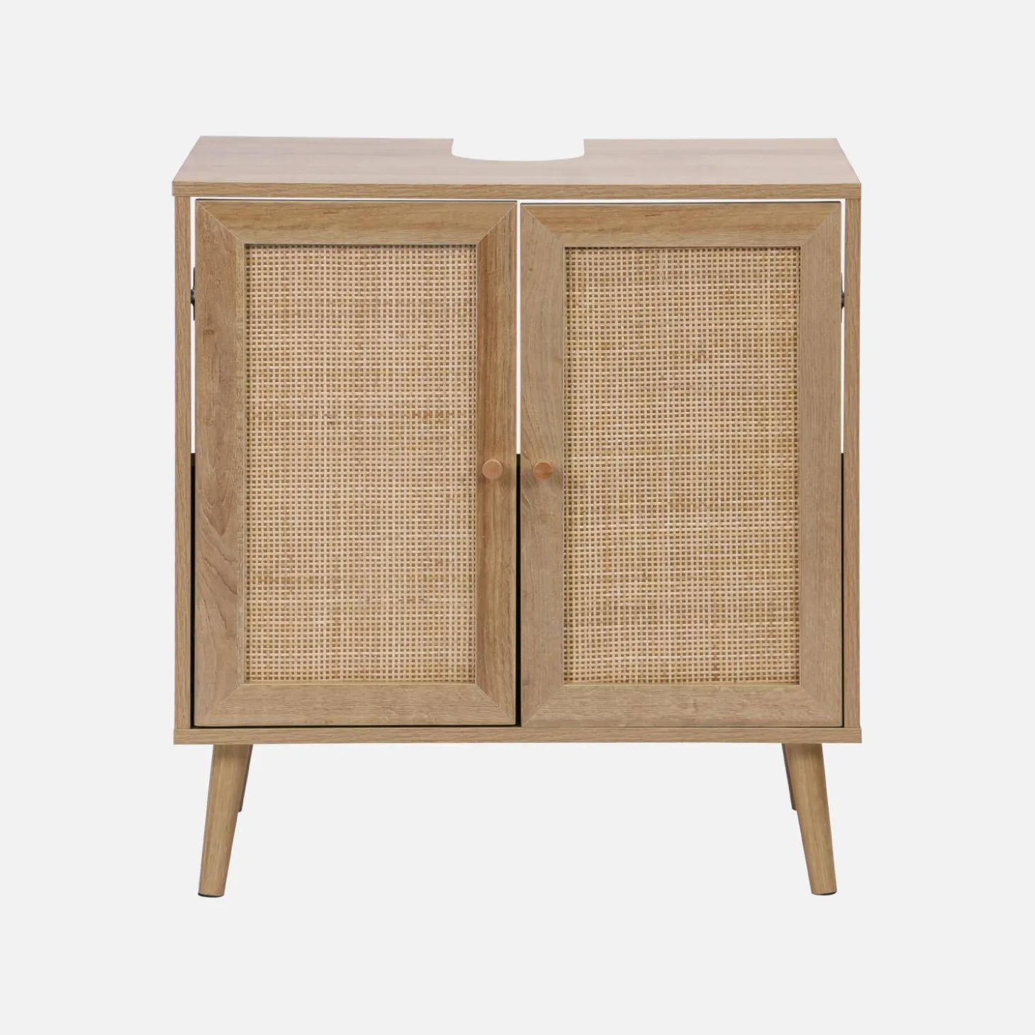 Mueble bajo lavabo decorado en madera y caña