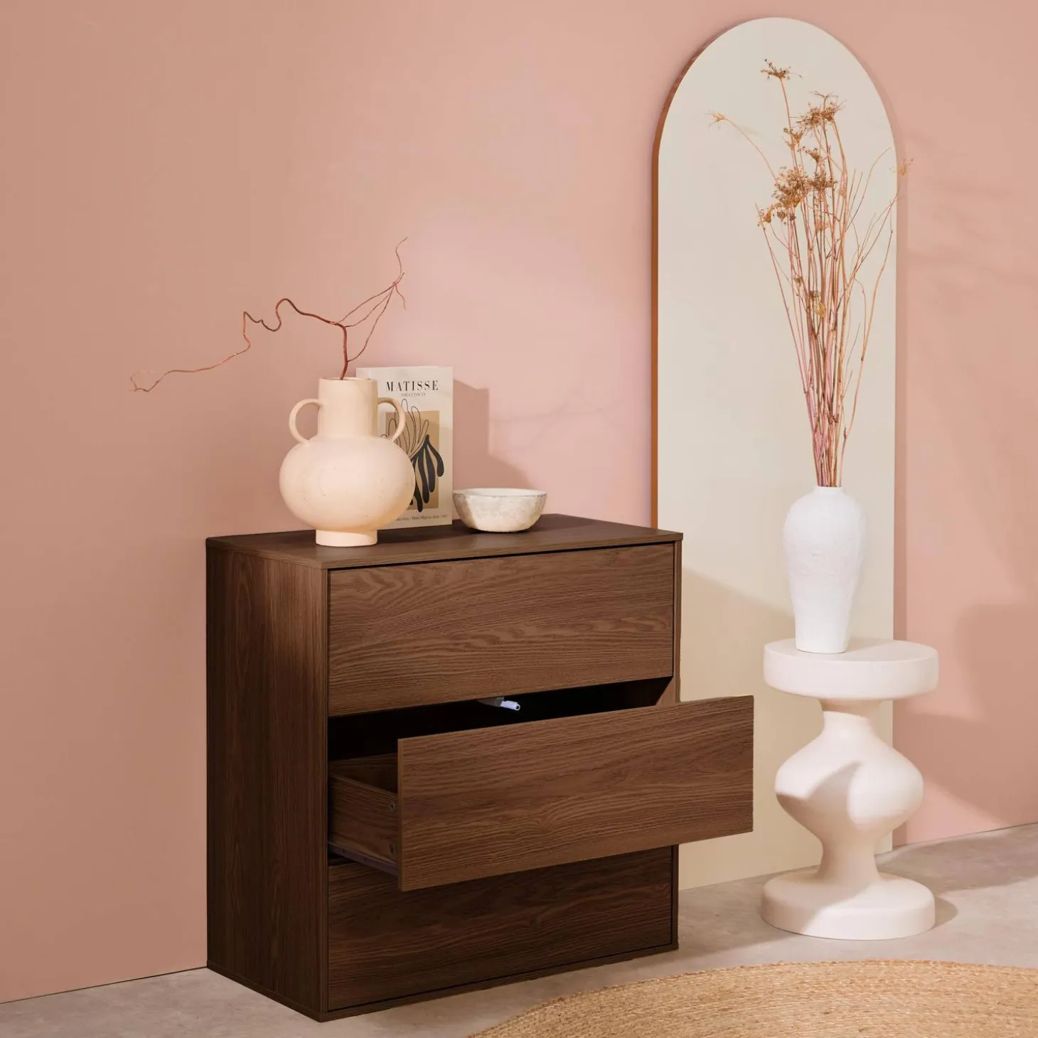 Mueble de almacenaje con efecto madera y 3 cajones