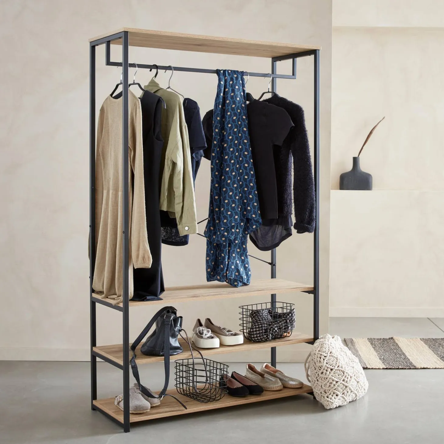 Mueble de entrada de metal y efecto madera, 3 niveles