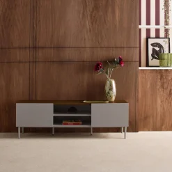 Mueble de TV de metal y decoración de madera 2 puertas, 140cm