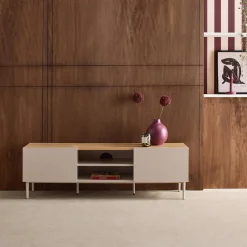 Mueble de TV de metal y decoración de madera 2 puertas, 140cm