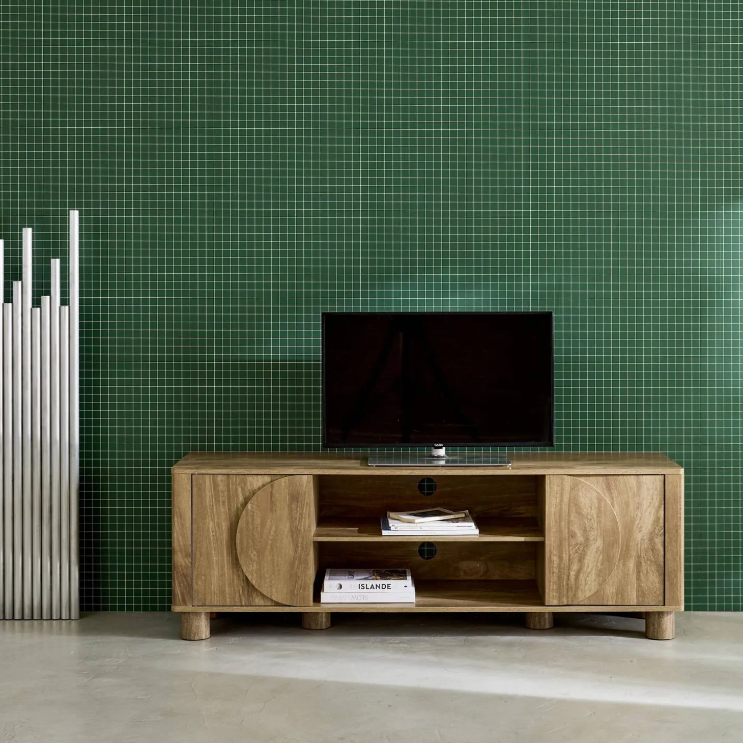 Mueble de TV efecto madera con 2 puertas reversibles, 155cm