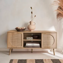 Mueble de TV en madera y caña redondeada, 120cm