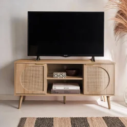 Mueble de TV en madera y caña redondeada, 120cm