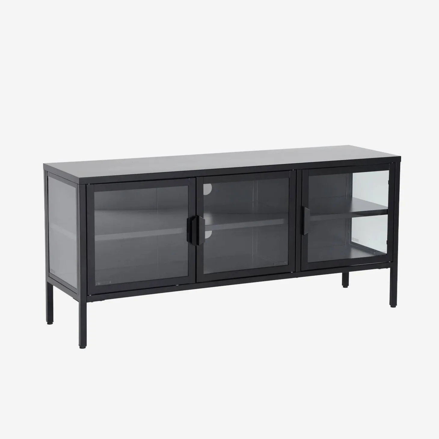 Mueble de TV industrial de metal y vidrio templado con 3 puertas, 120cm
