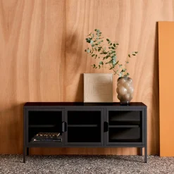 Mueble de TV industrial de metal y vidrio templado con 3 puertas, 120cm