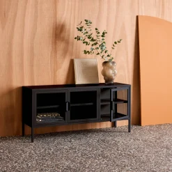 Mueble de TV industrial de metal y vidrio templado con 3 puertas, 120cm