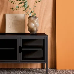 Mueble de TV industrial de metal y vidrio templado con 3 puertas, 120cm