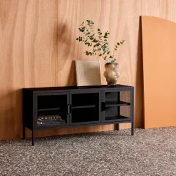Mueble de TV industrial de metal y vidrio templado con 3 puertas, 120cm