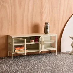 Mueble de TV industrial de metal y vidrio templado con 3 puertas, 120cm
