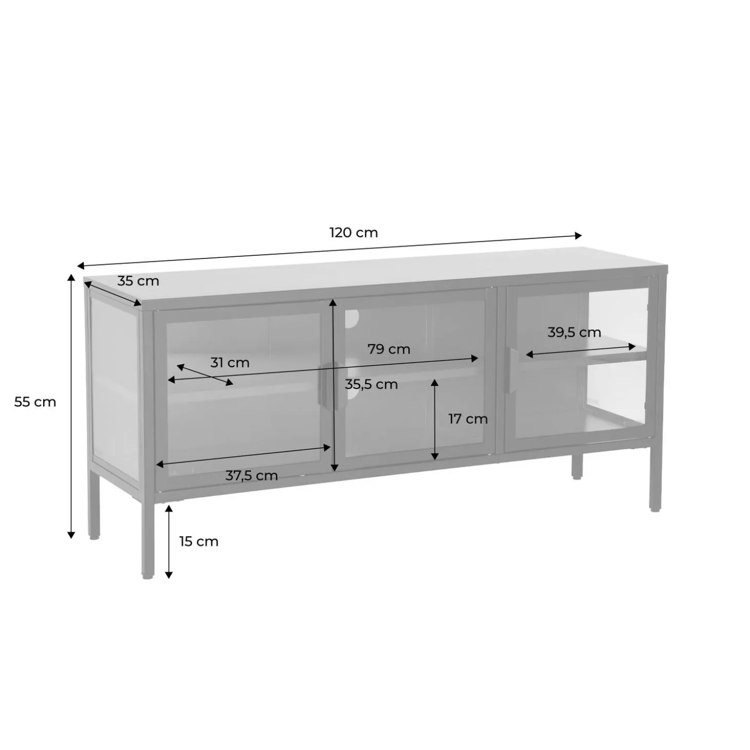 Mueble de TV industrial de metal y vidrio templado con 3 puertas, 120cm