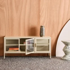Mueble de TV industrial de metal y vidrio templado con 3 puertas, 120cm