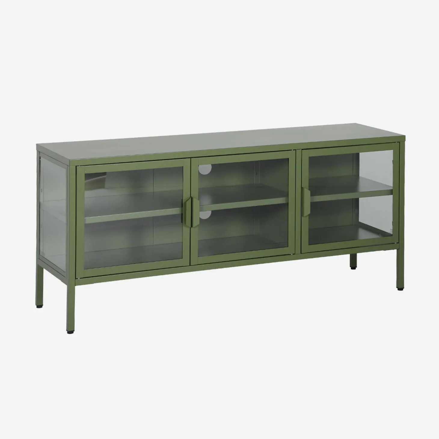 Mueble de TV industrial de metal y vidrio templado con 3 puertas, 120cm