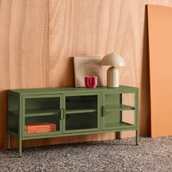 Mueble de TV industrial de metal y vidrio templado con 3 puertas, 120cm