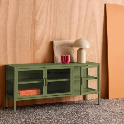 Mueble de TV industrial de metal y vidrio templado con 3 puertas, 120cm