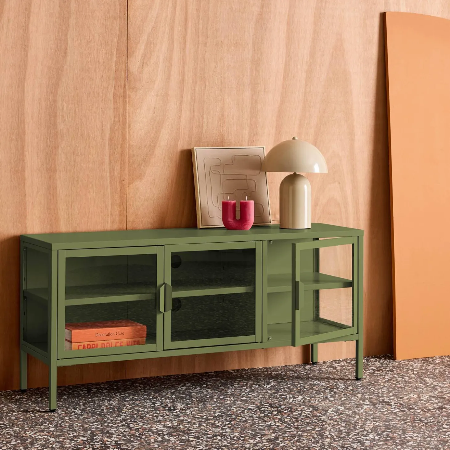 Mueble de TV industrial de metal y vidrio templado con 3 puertas, 120cm
