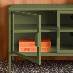 Mueble de TV industrial de metal y vidrio templado con 3 puertas, 120cm
