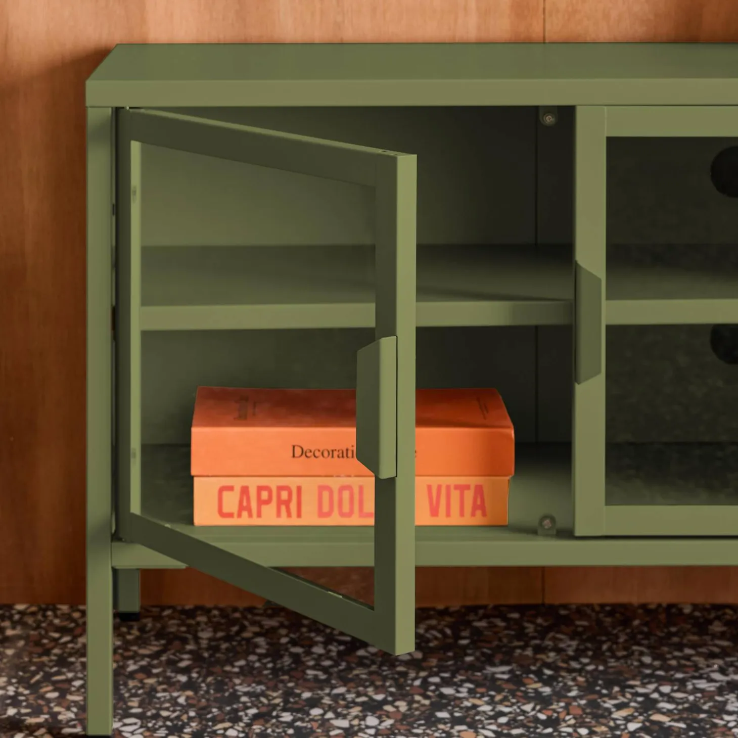 Mueble de TV industrial de metal y vidrio templado con 3 puertas, 120cm