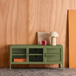 Mueble de TV industrial de metal y vidrio templado con 3 puertas, 120cm