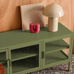 Mueble de TV industrial de metal y vidrio templado con 3 puertas, 120cm
