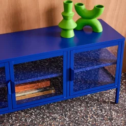 Mueble de TV industrial de metal y vidrio templado con 3 puertas, 120cm