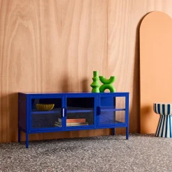 Mueble de TV industrial de metal y vidrio templado con 3 puertas, 120cm