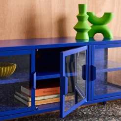 Mueble de TV industrial de metal y vidrio templado con 3 puertas, 120cm