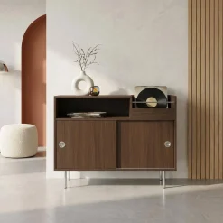 Mueble de vinilo vintage con decoración de madera y acero inoxidable, 100 cm