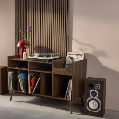 Mueble de vinilos XL vintage efecto madera oscura, 130cm