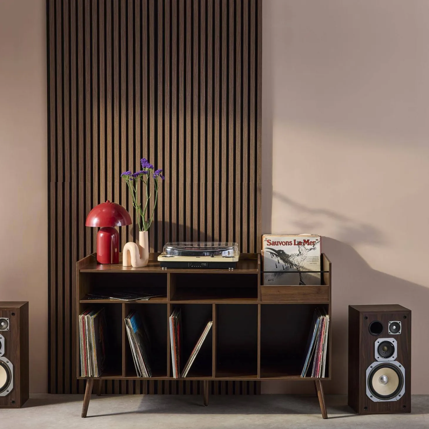 Mueble de vinilos XL vintage efecto madera oscura, 130cm