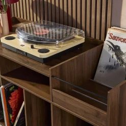 Mueble de vinilos XL vintage efecto madera oscura, 130cm