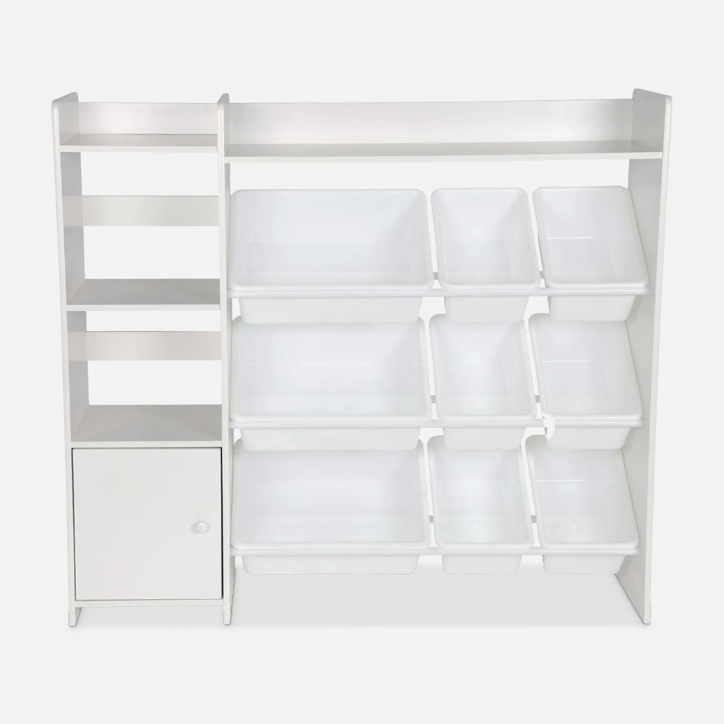 Mueble para niños con 9 cubos, 4 estantes y 1 puerta