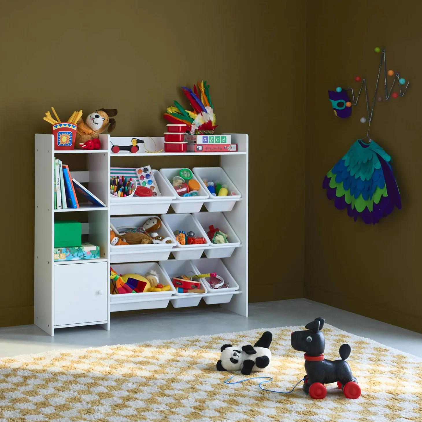 Mueble para niños con 9 cubos, 4 estantes y 1 puerta