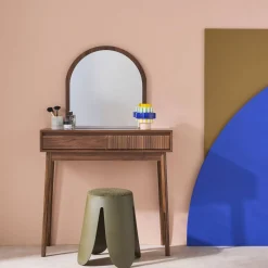 Mueble tocador de madera espejo redondo, 90cm