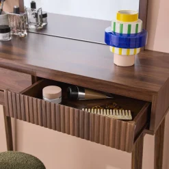 Mueble tocador de madera espejo redondo, 90cm