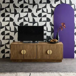 Mueble TV 4 puertas efecto madera de mango exótico, 140cm