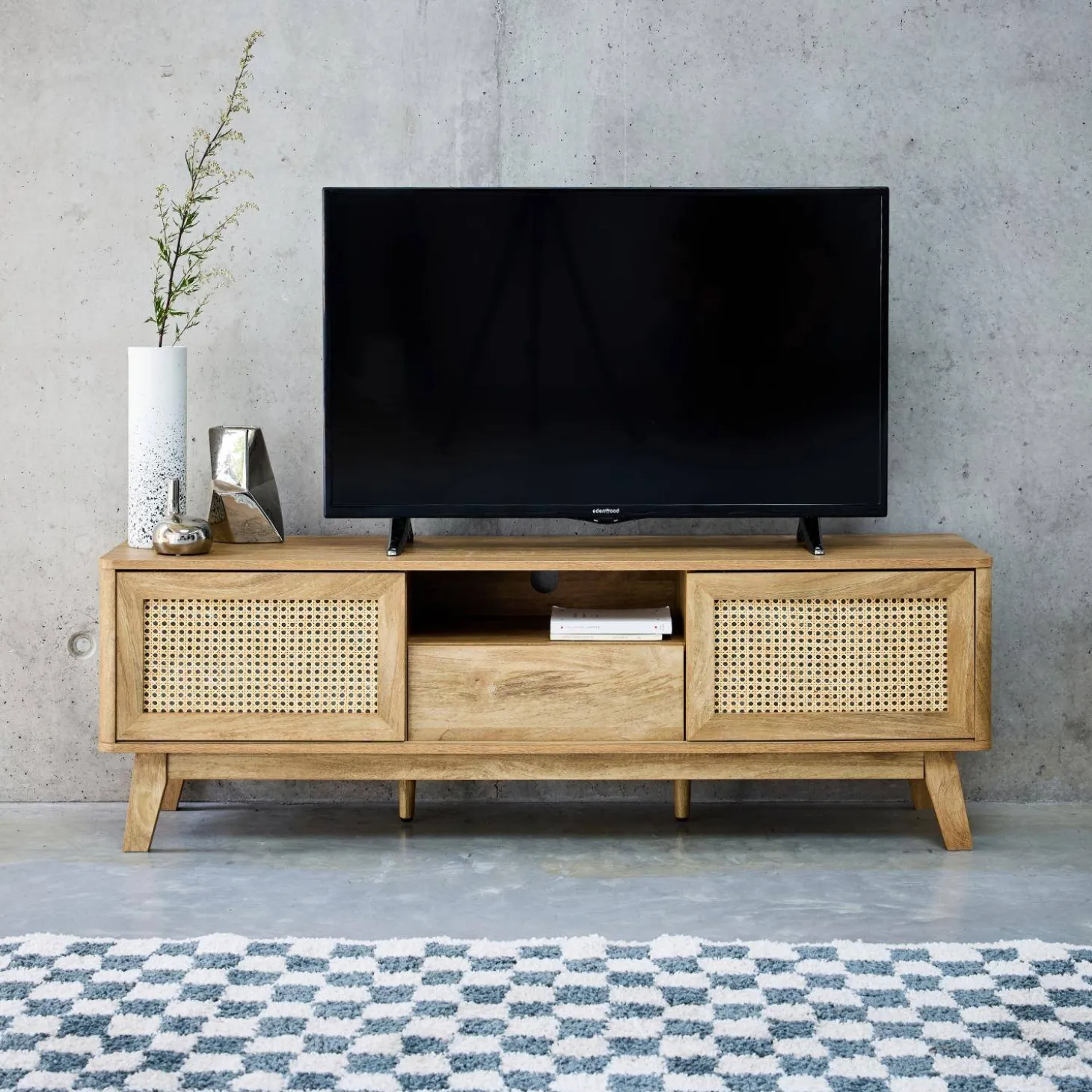 Mueble TV con puertas correderas, taquilla, estante efecto madera y caña 150cm