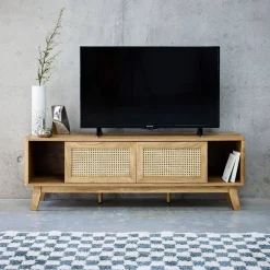 Mueble TV con puertas correderas, taquilla, estante efecto madera y caña 150cm