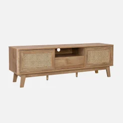 Mueble TV con puertas correderas, taquilla, estante efecto madera y caña 150cm