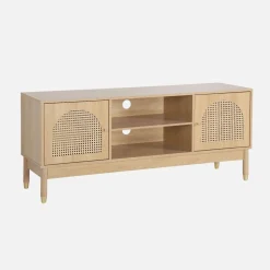 Mueble TV decoración madera y mimbre 2 puertas, 140cm