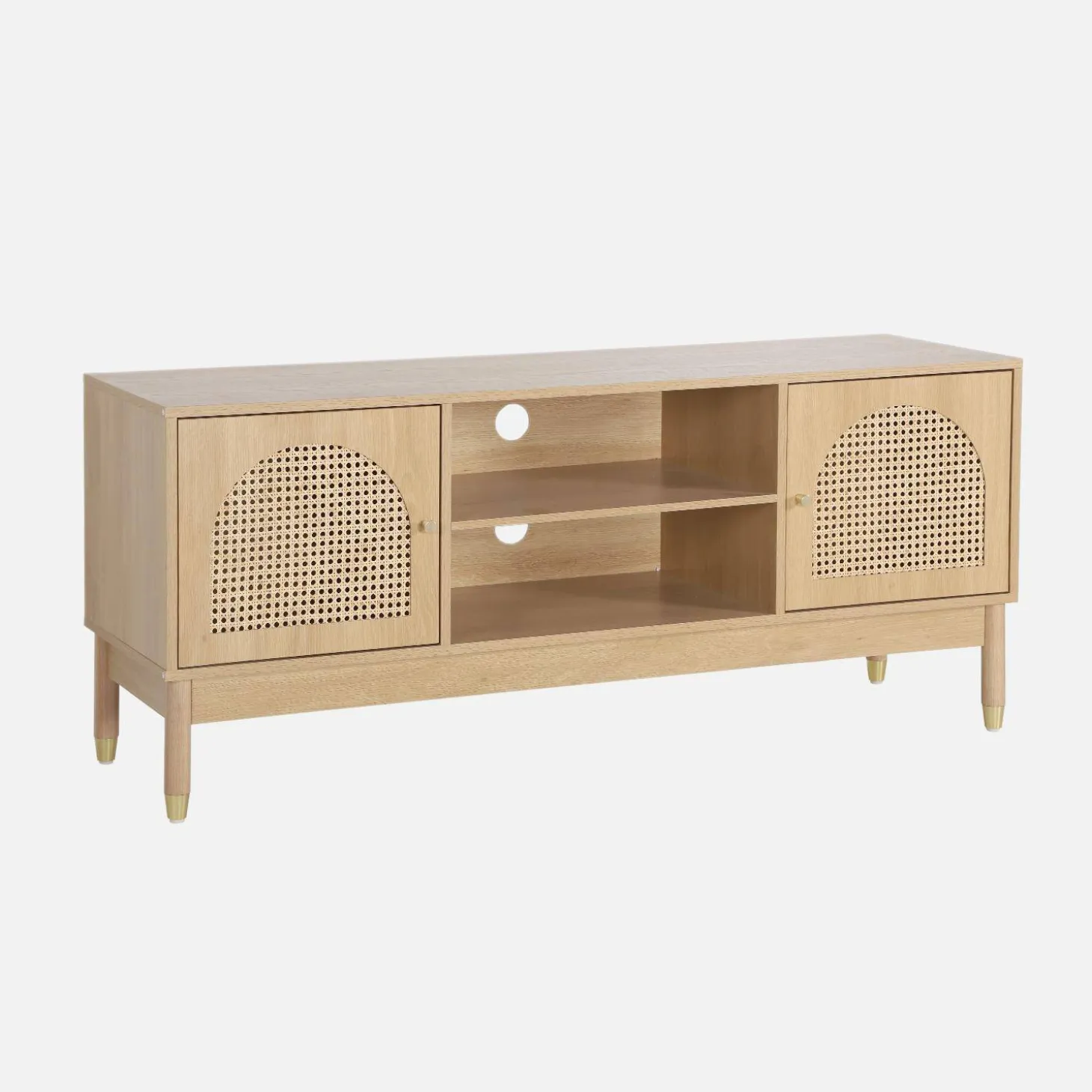 Mueble TV decoración madera y mimbre 2 puertas, 140cm