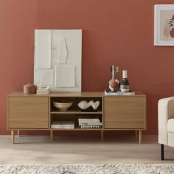 Mueble TV efecto madera con 2 niveles y 2 puertas,160cm