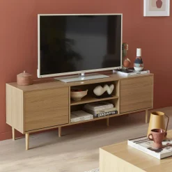 Mueble TV efecto madera con 2 niveles y 2 puertas,160cm
