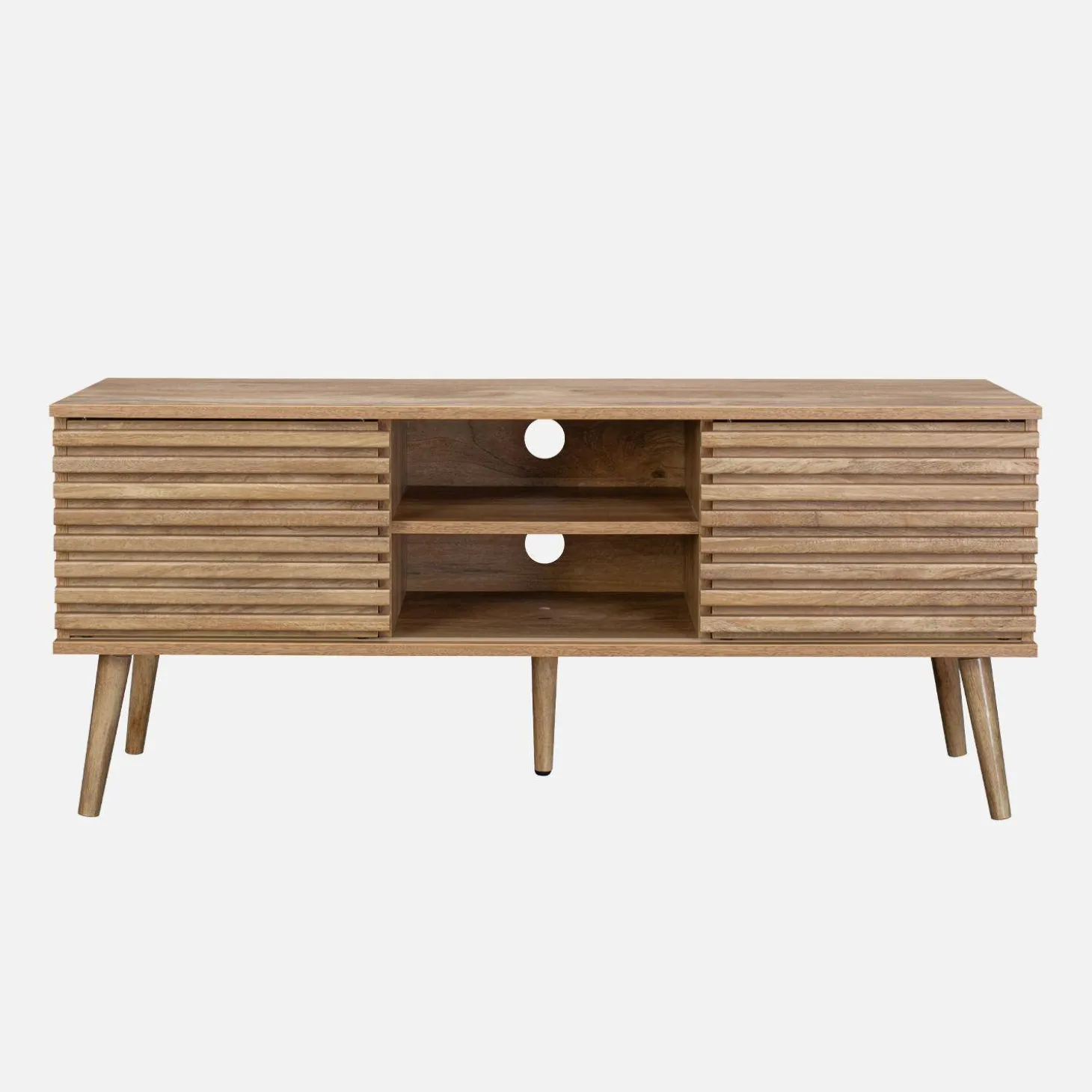 Mueble TV escandinavo 2 puertas con decoración madera acanalada, 120cm